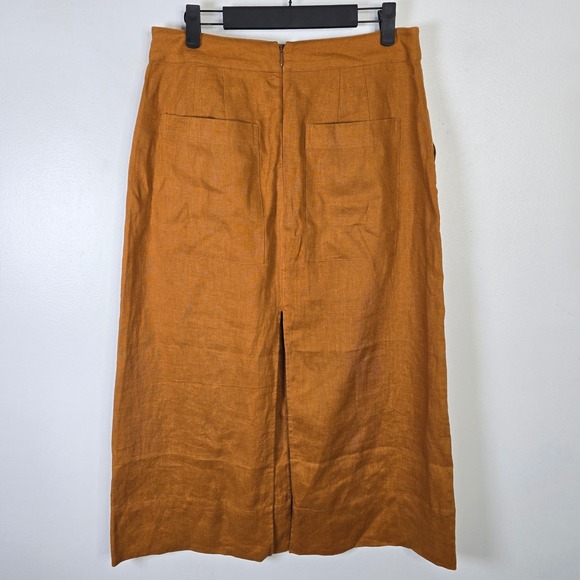 Banana Republic Linen Midi Skirt Goldenrod Yellow Rust Orange Split Front Size 6 - Picture 3 of 6
